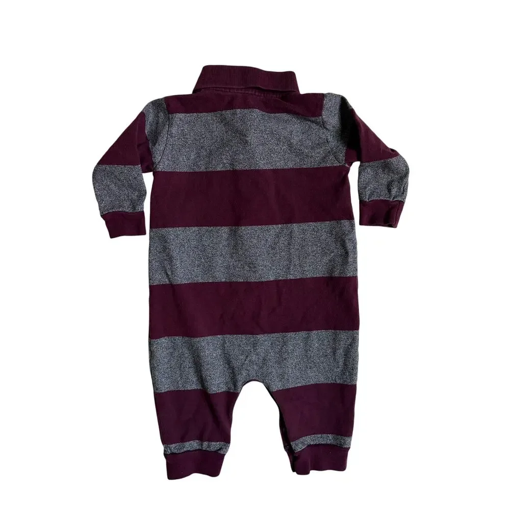 Polo Ralph Lauren Striped Cotton Jersey Rugby Coverall (Maroon & Grey) - Small